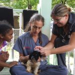 Two veterinarians and a little girl sit on a porch holding a small dog