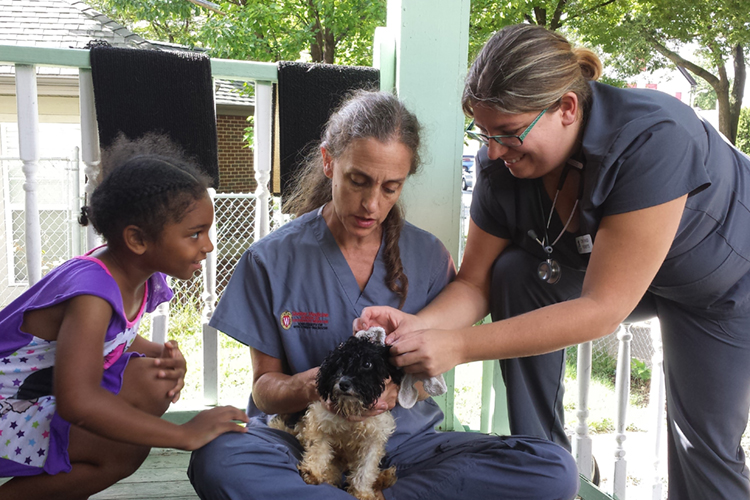 Two veterinarians and a little girl sit on a porch holding a small dog