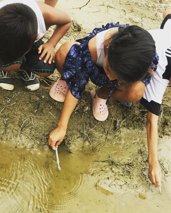 Three children test the waters of a mud puddle for mosquito larvae and pupae