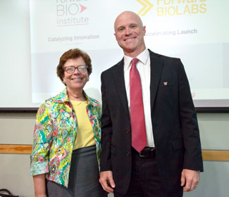 UW-Madison Chancellor Rebecca Blank and Professor William Murphy at an event to introduce the Forward BIO Initiative