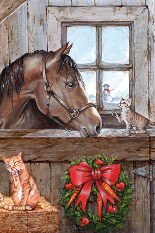 Horse in barn with cat and kitten