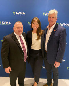 From left, Douglas Kratt DVM’98, Marie Bucko DVMx’21, and UW School of Veterinary Medicine (SVM) Dean Mark Markel form a trifecta of SVM-connected leaders of national veterinary medical organizations