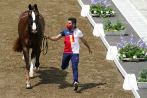 Spain's Fendi T, to be ridden by Severo Jurado Lopez, is presented during horse inspection for the equestrian dressage competition at Equestrian Park the 2020 Summer Olympics, Friday, July 23, 2021, in Tokyo, Japan. (AP Photo/Carolyn Kaster)