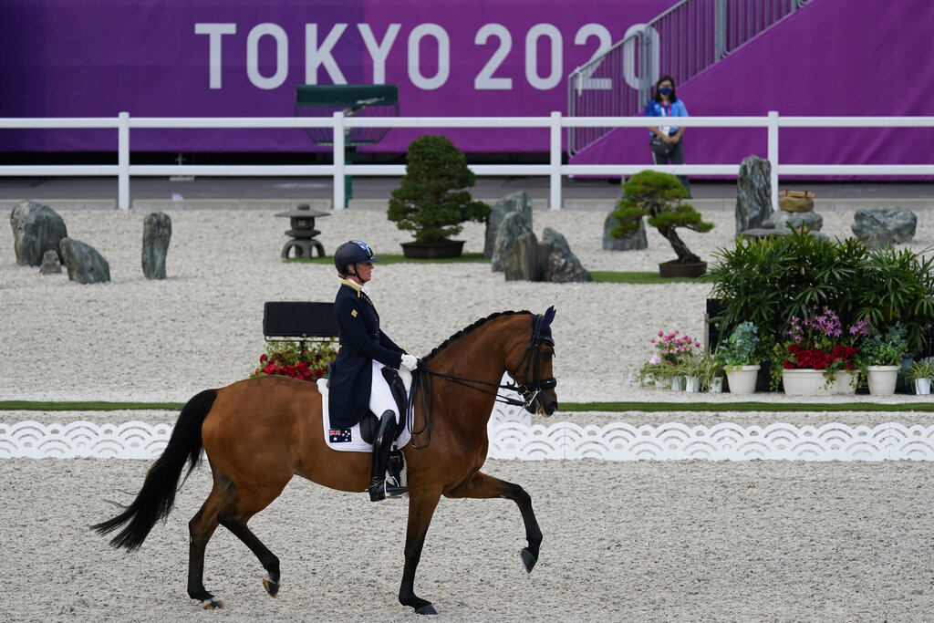 Australia's Mary Hanna, riding Calanta, competes during the dressage Grand Prix competition at Equestrian Park the 2020 Summer Olympics, Saturday, July 24, 2021, in Tokyo, Japan. (AP Photo/Carolyn Kaster)