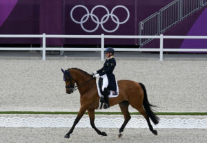 Australia's Mary Hanna, riding Calanta, competes during the dressage Grand Prix competition at Equestrian Park the 2020 Summer Olympics, Saturday, July 24, 2021, in Tokyo, Japan. (AP Photo/Carolyn Kaster)
