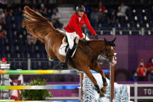 Germany's Andre Thieme, riding DSP Chakaria, competes during the equestrian jumping team qualifying at Equestrian Park in Tokyo at the 2020 Summer Olympics, Friday, Aug. 6, 2021, in Tokyo, Japan