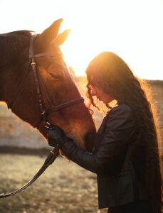 horse and woman with sunset in background