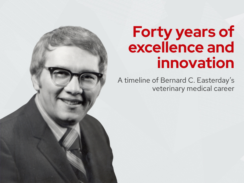 Cover page with a black-and-white portrait of Bernard C. Easterday on the left and the title “Forty years of excellence and innovation: A timeline of Bernard C. Easterday’s veterinary medical career” on the right.